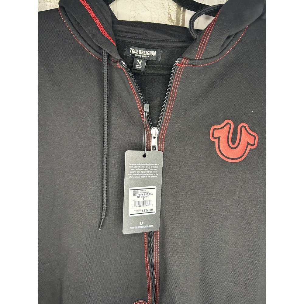 NWT True Religion Full Buddha Zip Hoodie Triple Stitch Black Red Thread Sz L - Picture 3 of 5